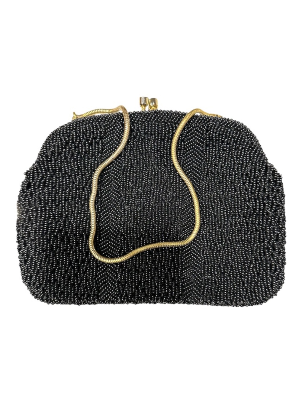 Vintage Black Glass Beaded Evening Bag Clutch Gold Chain Purse w/ Original Box
